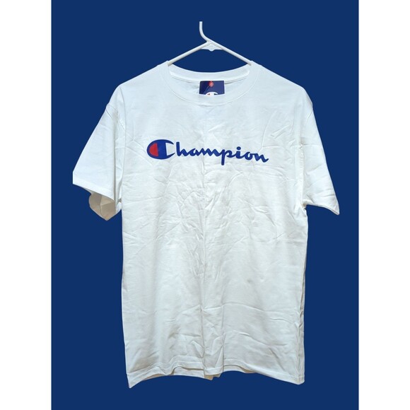 Champion Mens Medium 38-40  Royal White Script Logo Classic Jersey  T-Shirt  NWT - Picture 1 of 8